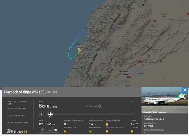 12)Following yesterday's encounter, the Mahan Air flight landed in Beirut and quickly returned to Tehran at 8:13 pm the same night, which many have found strange in nature.Could this be a sign of the plane transferring important political/military officials, or cargo?