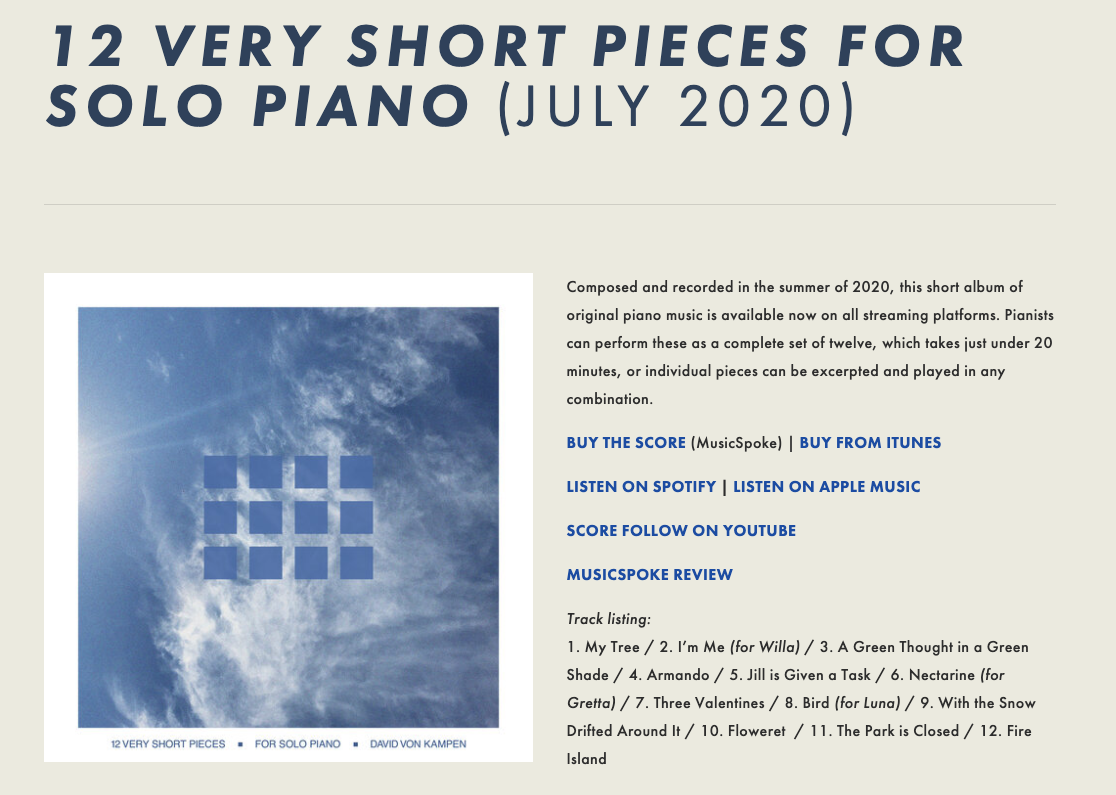 🚨 ALBUM RELEASE DAY 🚨

"12 Very Short Pieces for Solo Piano" is now live on all streaming platforms, and the score is available from MusicSpoke.

ALL LINKS HERE:
 davidvonkampen.com/12-very-short-…