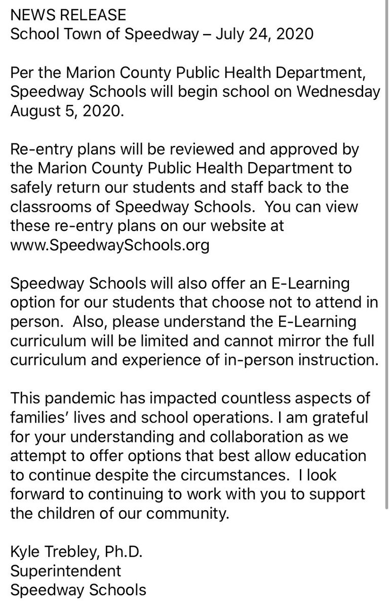 SJHSsparkplugs's tweet photo. News Release regarding the re-opening of Speedway Schools https://t.co/gHxCpJfLwE