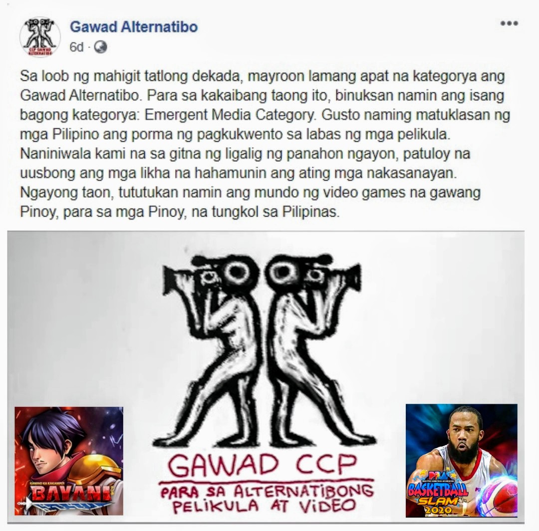 ranidagames's tweet photo. Thank you CCP's Gawad Alternatibo for having @bayaniph and @PBAslam be part of this year's Emergent Media category!
Online exhibit: Aug 7 to 16, 2020
Website: https://t.co/Rr3kZc21LX
#GawangPinoyParaSaPinoy #GawadAlternatibo #IndieGamedevPH #Ligalig #GawadAlt32 #EmergentMedia https://t.co/pJKfkAyc8V