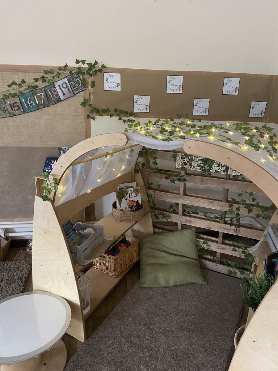 CamarahMosey's tweet image. My favourite area of my classroom so far. The reading arch is from @cosydirect and I have attached a pallet onto the back. We have the months of the year displayed in each classroom alongside the books that we have read that month 🥰 #TeamThornton #EYFS #readingarea