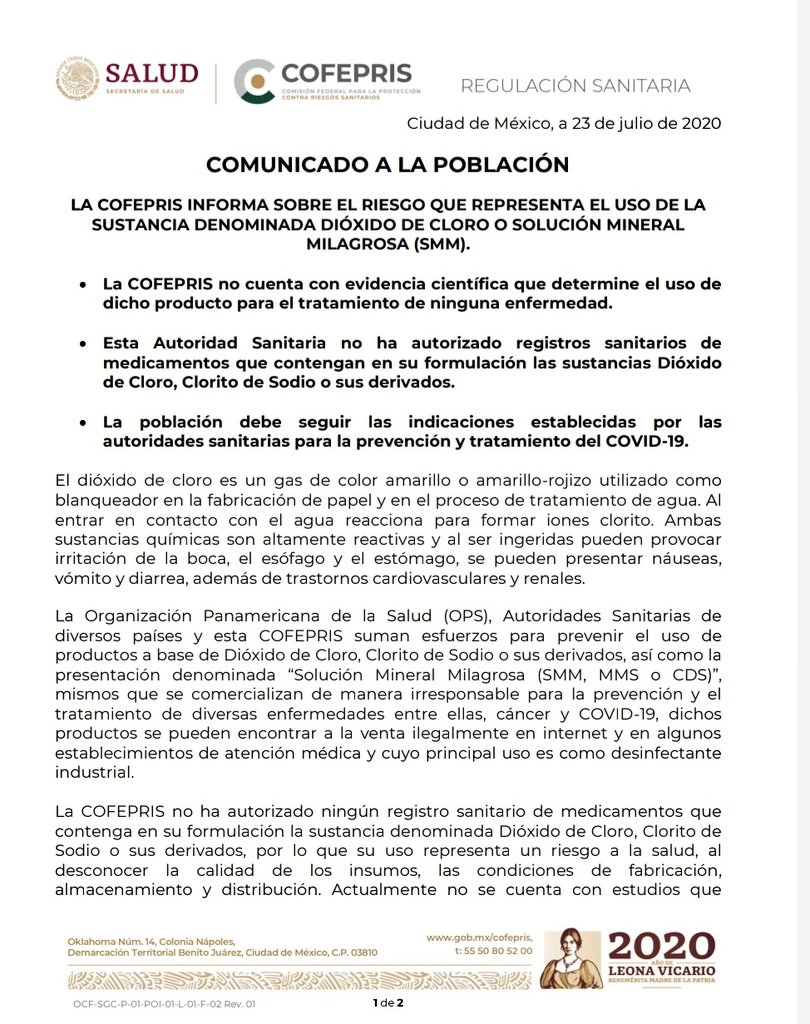 La <a href="/COFEPRIS/">COFEPRIS</a> lanza comunicado sobre #dióxidotóxico. Recomienda levantar denuncias de los establecimientos médicos que lo ofrezcan y también reportar reacciones adversas o malestares.
#NoMMS!