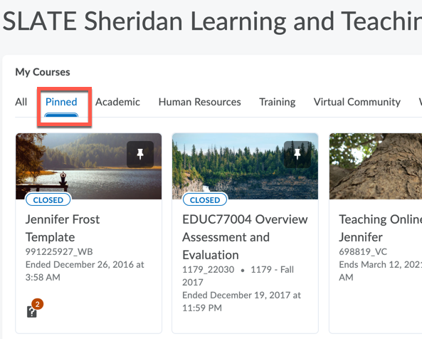 CTLTeachingTech's tweet photo. New in SLATE: A new Pinned tab now appears in the My Courses widget. The Pinned tab allows you to create a curated view of your pinned courses.#SLATEHelp https://t.co/1mFDBPP1e5