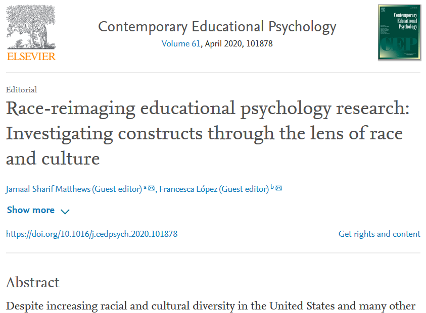 📢📢Started from the bottom, now we here!
doi.org/10.1016/j.cedp…

Took two long years, but the special issue on race-reimaging in CEP is out! Many thanks to my co-editor Francesca Lopez,  and all the authors and contributors. #WeGotUs #Worthy2belong