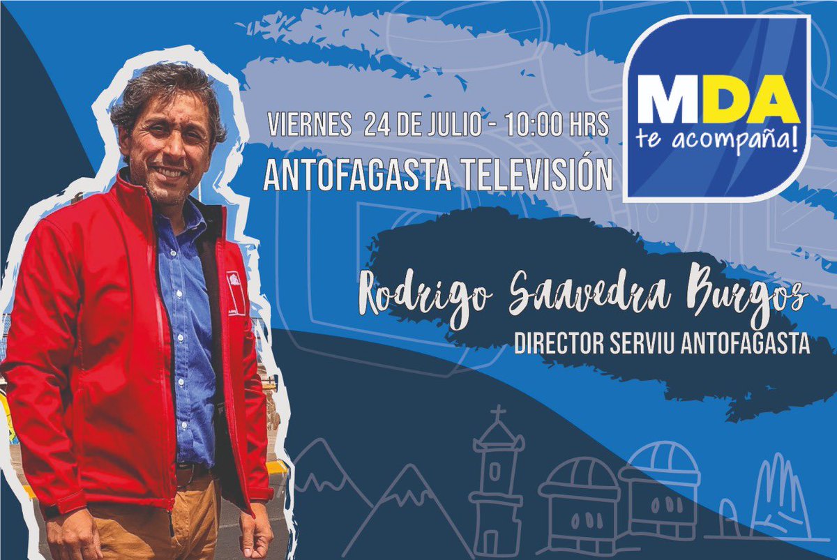 Serviu Región de Antofagasta (@serviuantofagas) on Twitter photo Desde las 10:00 hrs. ⏰ nuestro Director <a href="/rsaavedraburgos/">Rodrigo Saavedra Burgos</a> estará en <a href="/mda_matinal/">El Matinal De Antofagasta</a> ☀️ informando sobre todas las temáticas <a href="/Minvu/">MINVU - Chile</a> y conversando con los vecinos 👨👩👧👧❤️ sintoniza <a href="/AntofagastaTV/">Antofagasta TV</a> 📺 Desde las 10:00 hrs. ⏰ nuestro Director <a href="/rsaavedraburgos/">Rodrigo Saavedra Burgos</a> estará en <a href="/mda_matinal/">El Matinal De Antofagasta</a> ☀️ informando sobre todas las temáticas <a href="/Minvu/">MINVU - Chile</a> y conversando con los vecinos 👨👩👧👧❤️ sintoniza <a href="/AntofagastaTV/">Antofagasta TV</a> 📺
