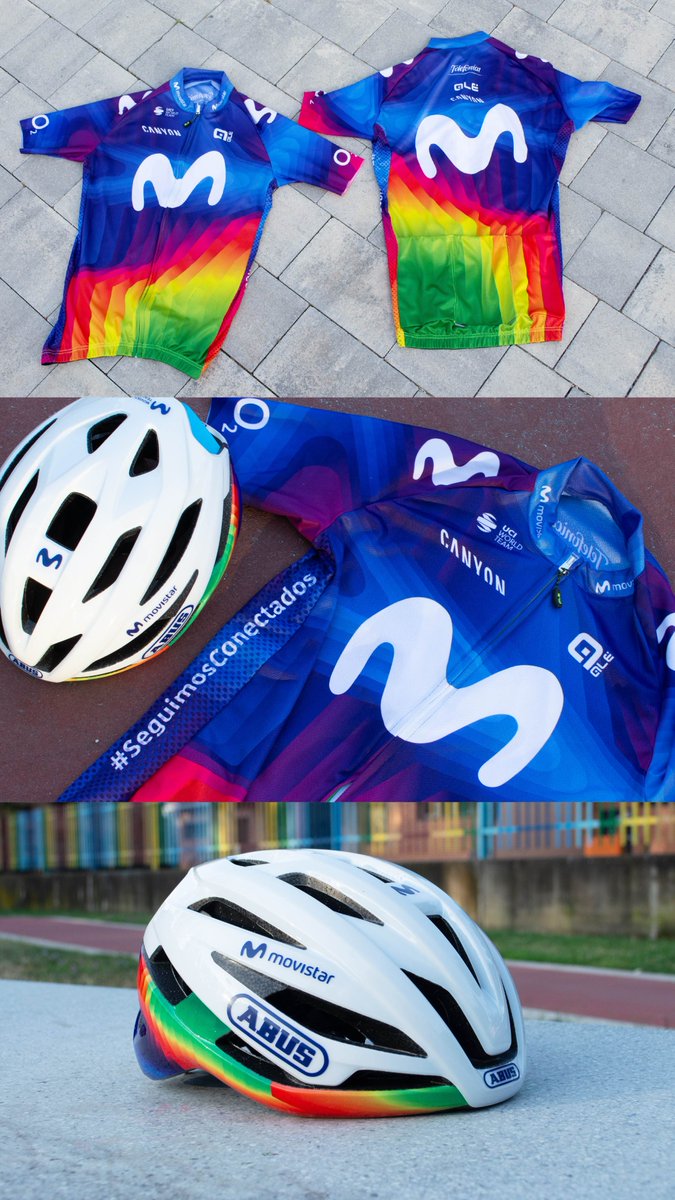 abus_es's tweet photo. ¡Qué ganas de que llegue el próximo 1 de agosto para poder ver a los corredores de @Movistar_Team en la @StradeBianche luciendo su equipación solidaria en favor de @CruzRojaEsp, que incluye una edición especial de nuestro nuevo casco, el #StormChaser! 🌈✨ https://t.co/nUhuE5sCgz