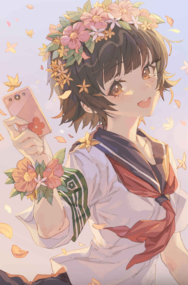 uiharu kazari 1girl sakugawa school uniform solo school uniform phone serafuku flower  illustration images