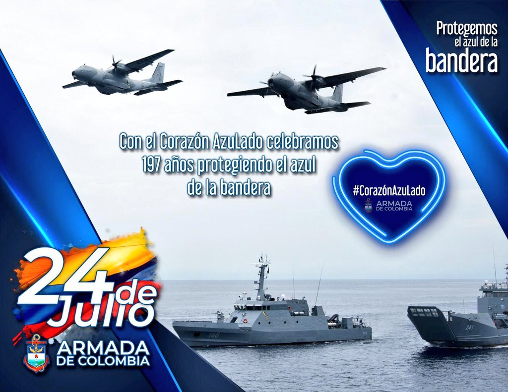 FuerzaAereaCol's tweet photo. 🇨🇴 Hoy 24 de julio felicitamos a nuestra @ArmadaColombia en su día.

En virtud de la gesta libertadora del Lago de Maracaibo, en 1823. 

197 años protegiendo los espacios marítimos, fluviales y terrestres de la Nación.

#24JulioARC 
#24DeJulioArmadaDeColombia https://t.co/emLMbd1aji