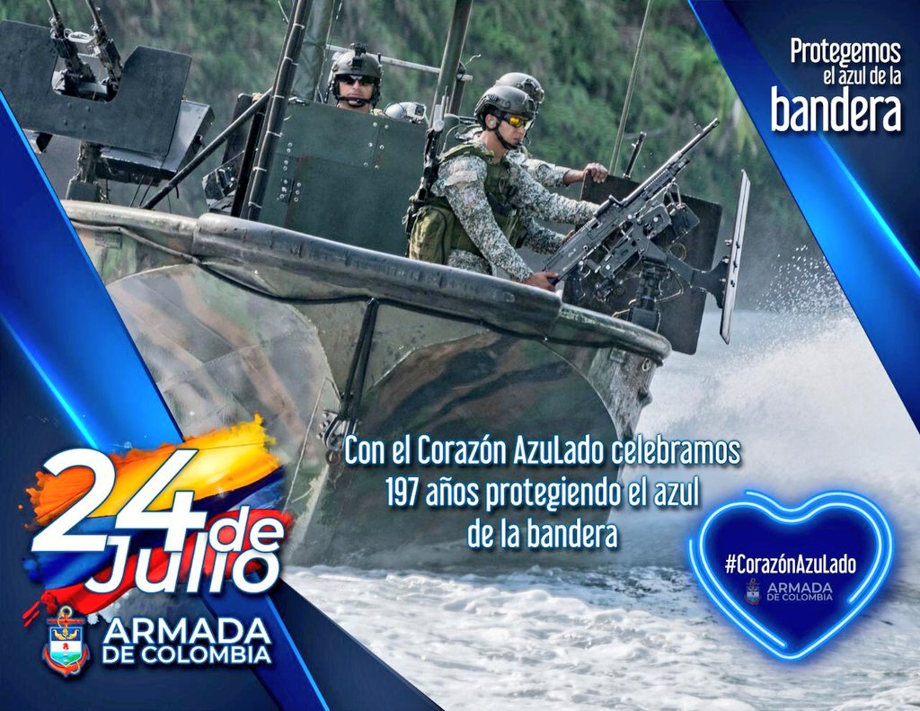 FuerzaAereaCol's tweet photo. 🇨🇴 Hoy 24 de julio felicitamos a nuestra @ArmadaColombia en su día.

En virtud de la gesta libertadora del Lago de Maracaibo, en 1823. 

197 años protegiendo los espacios marítimos, fluviales y terrestres de la Nación.

#24JulioARC 
#24DeJulioArmadaDeColombia https://t.co/emLMbd1aji