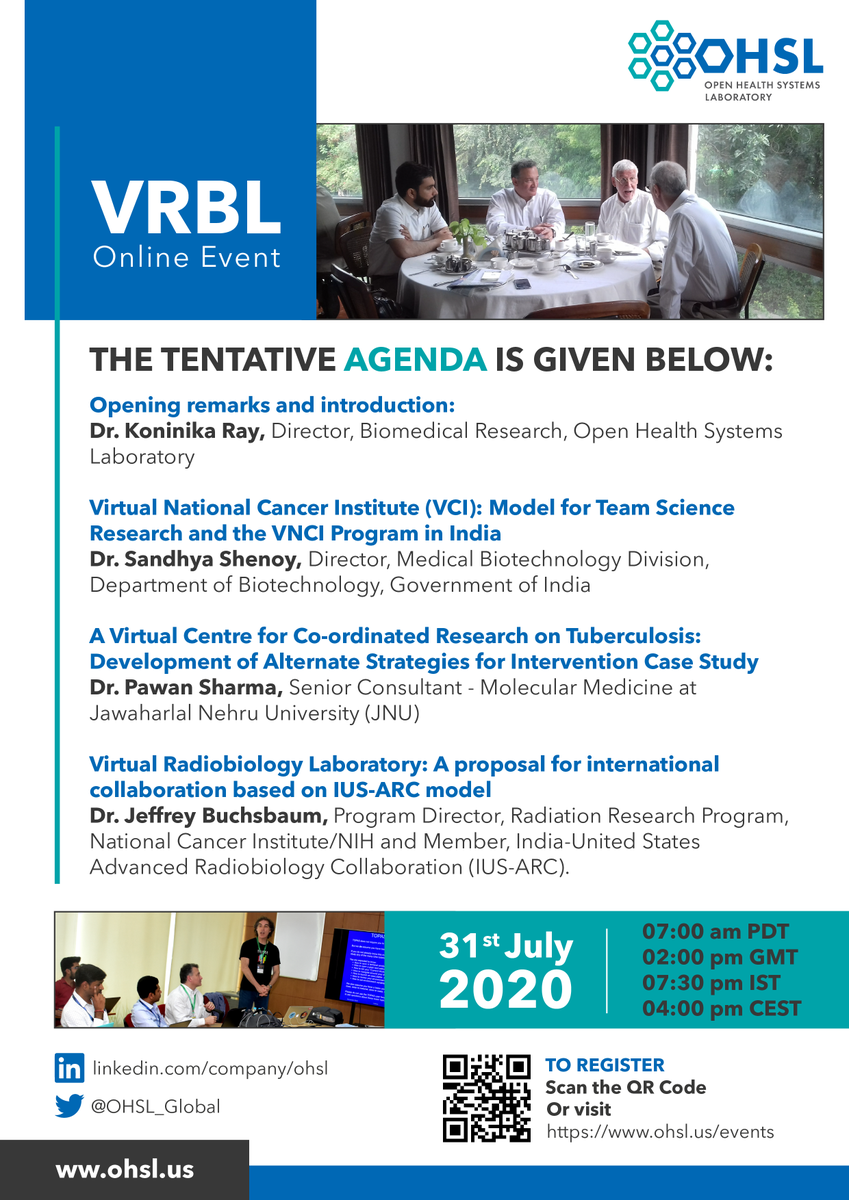 OHSL_Global's tweet photo. Please join the online meeting on Virtual Radiobiology Laboratory (VRBL) to be held on Friday, 31st July 2020 at 7 AM PDT (7:30 PM IST). This meeting is being hosted by the @OHSL_Global. Register now for the event at https://t.co/RTSVj7zcQt https://t.co/npCpsQZOyx