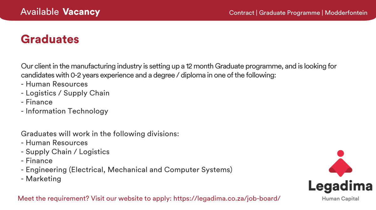 LegadimaHC's tweet photo. Do you meet the requirements? Apply here: https://t.co/la7FB82x9E

#JobSeekersSA #JobAdviceSA #jobseekers #Followforjobs #Jobs #unemployment #jobseekerwednesday https://t.co/cvpEtu6ZIz