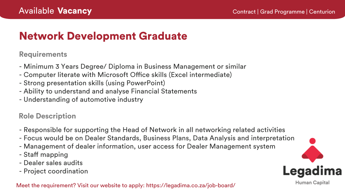 LegadimaHC's tweet photo. Do you meet the requirements? Apply here: https://t.co/la7FB82x9E

#JobSeekersSA #JobAdviceSA #jobseekers #Followforjobs #Jobs #unemployment #jobseekerwednesday https://t.co/iFMV8XMwHx