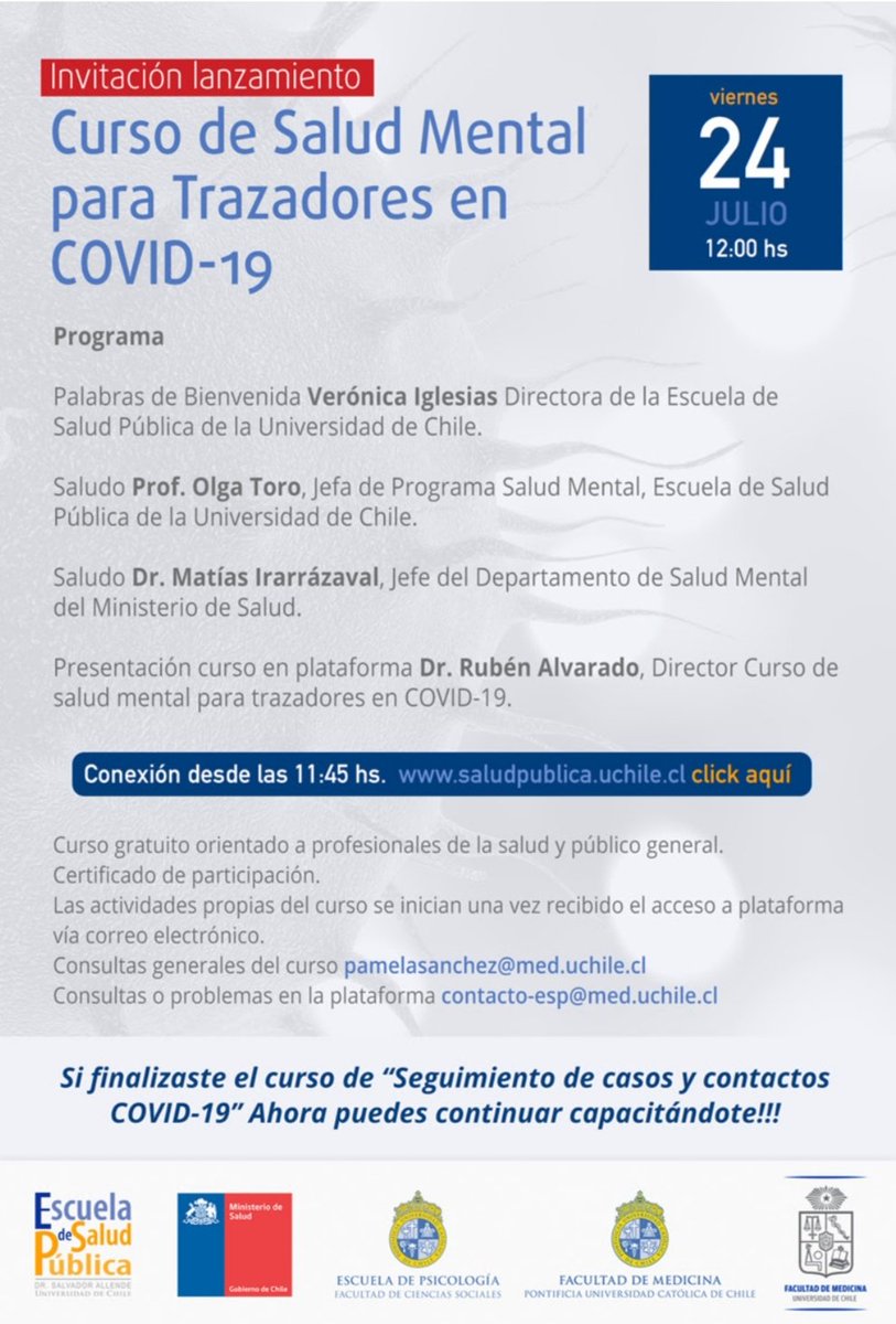 esp_uchile's tweet photo. Hoy Lanzamiento curso gratuito:
Salud Mental para Trazadores en #Covid_19 👏🏼👏🏼
 Saber identificar un problema de #SaludMental , diferenciar cuándo es una reacción normal o una que requiera derivación profesional, es el objetivo de este curso.
Conexión https://t.co/AHUkCPQken https://t.co/IoaRQx23WC