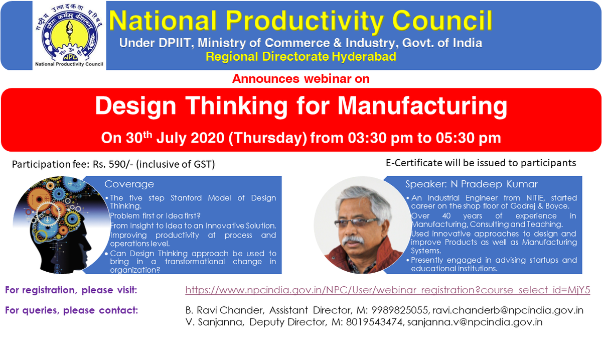 ravichander83's tweet photo. NPC @NPC_INDIA_GOV announces webinar on 
Design Thinking for Manufacturing
on 30.07.2020 at 03:30 pm.

Registration link:
https://t.co/5Ux0eFzCCl https://t.co/9AkGTqfQnA