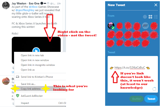 Go to  https://tweetdeck.twitter.com&nbsp; (it's free!) and log inUsing Tweetdeck, right-click the video you want to share and select ‘copy link address’Super important > The link should look like this 