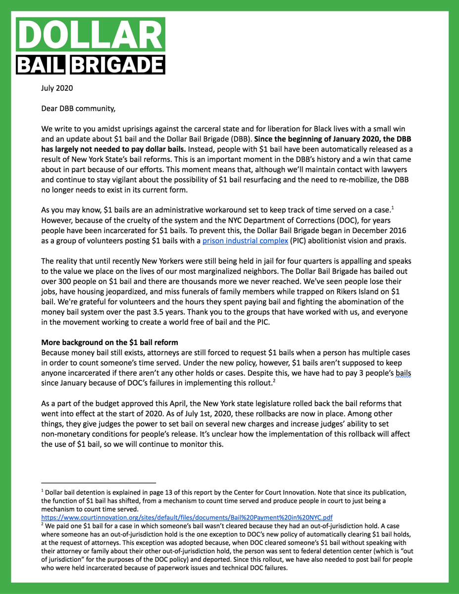 DBBNYC's tweet photo. We have big news! Since the January 2020 bail reforms, we have mostly not needed to pay $1 bails. Because this need no longer exists, we’d like to announce our plan to sunset our project. Read our statement on our closure as a bail-paying group and the next steps for DBB. https://t.co/PCJ2e35Uku
