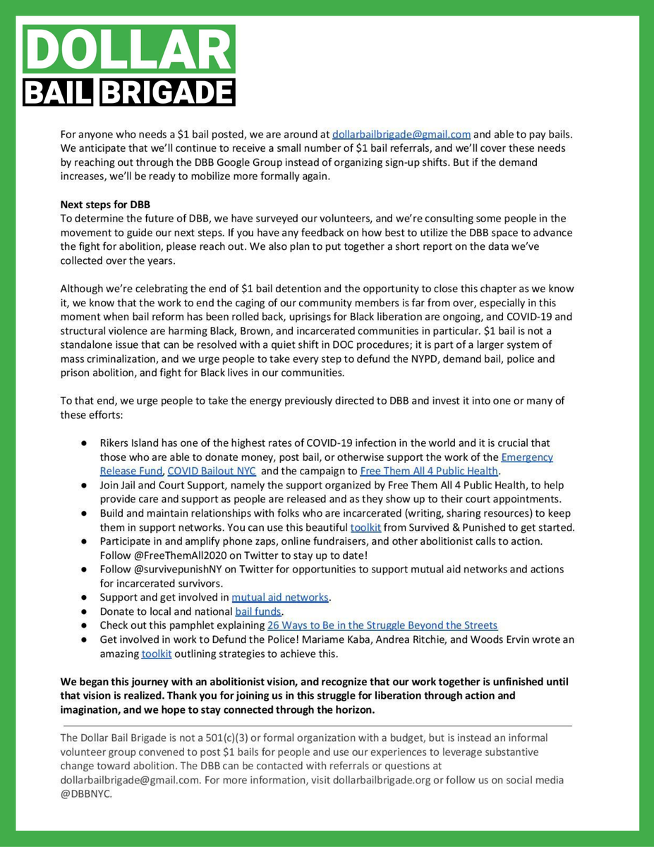 We have big news! Since the January 2020 bail reforms, we have mostly not needed to pay $1 bails. Because this need no longer exists, we’d like to announce our plan to sunset our project. Read our statement on our closure as a bail-paying group and the next steps for DBB.