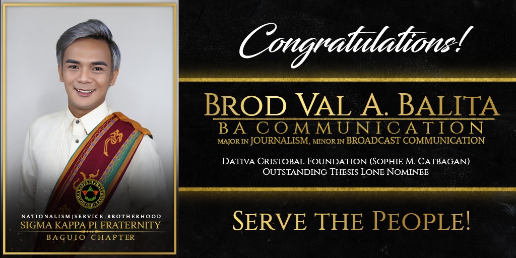 ekitbaguio's tweet photo. Isang taas-kamaong pagpupugay para kay Brod Val A. Balita, Batch 06-B.

Siya ay nakapagtapos ng kursong Bachelor of Arts in Communication - Major in Journalism, Minor in Broadcast Communication sa University of the Philippines - Baguio. https://t.co/q0hez9tTQH