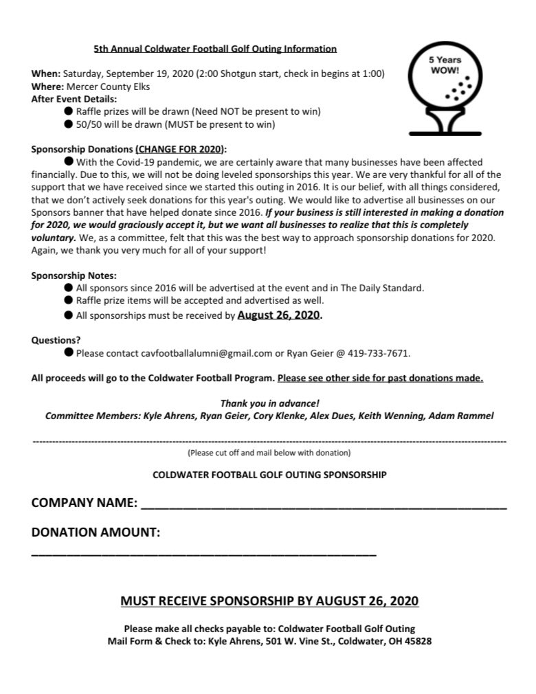 ColdwaterSB's tweet photo. We will be proceeding with the 2020 Coldwater Football Golf Outing. 

Sponsorship forms are on their way. Due to the pandemic, ALL sponsorships are voluntary. We will be advertising any business that has donated since 2016.

Registration for golfers will open soon!

@ColdwaterAD https://t.co/k8uMqeEjHz