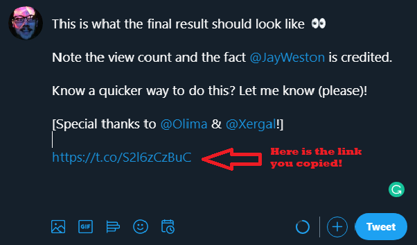 Paste that link into a new tweet you are drafting(can be Tweetdeck or the standard web browser)Compose a tweet, send the tweet, done.+1000 karma - you just credited the OG tweeter 