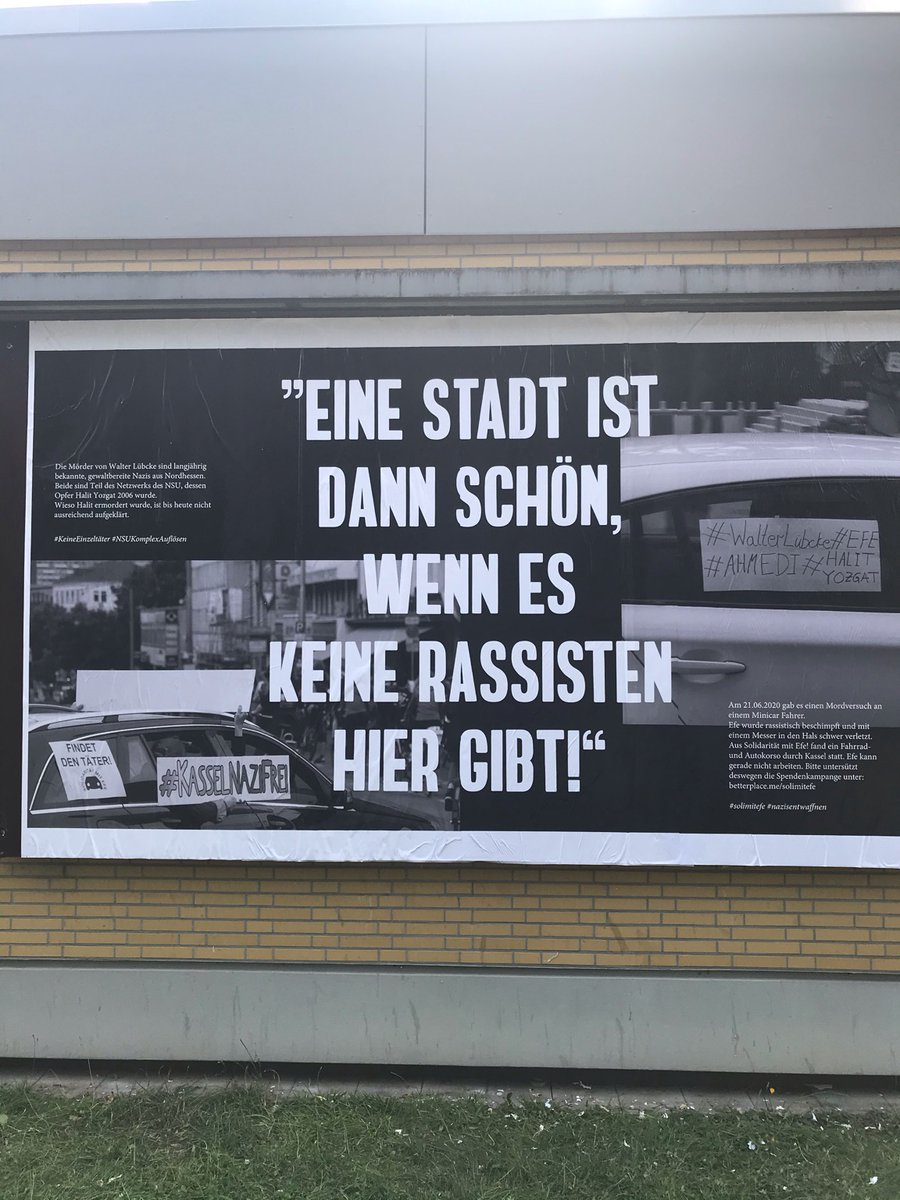 Ini6April's tweet photo. Zum alternativen Rundgang der Kunsthochschule #Kassel wurde dieses Plakat, dass u.a. auf den rassistischen Mordversuch Ende Juni und unsere Demo Bezug nimmt, ausgestellt. Nach nur 2 Tagen wurde es von Rassisten übermalt. (1/2)👇 #solimitefe #adms https://t.co/xGGk7YaU2I