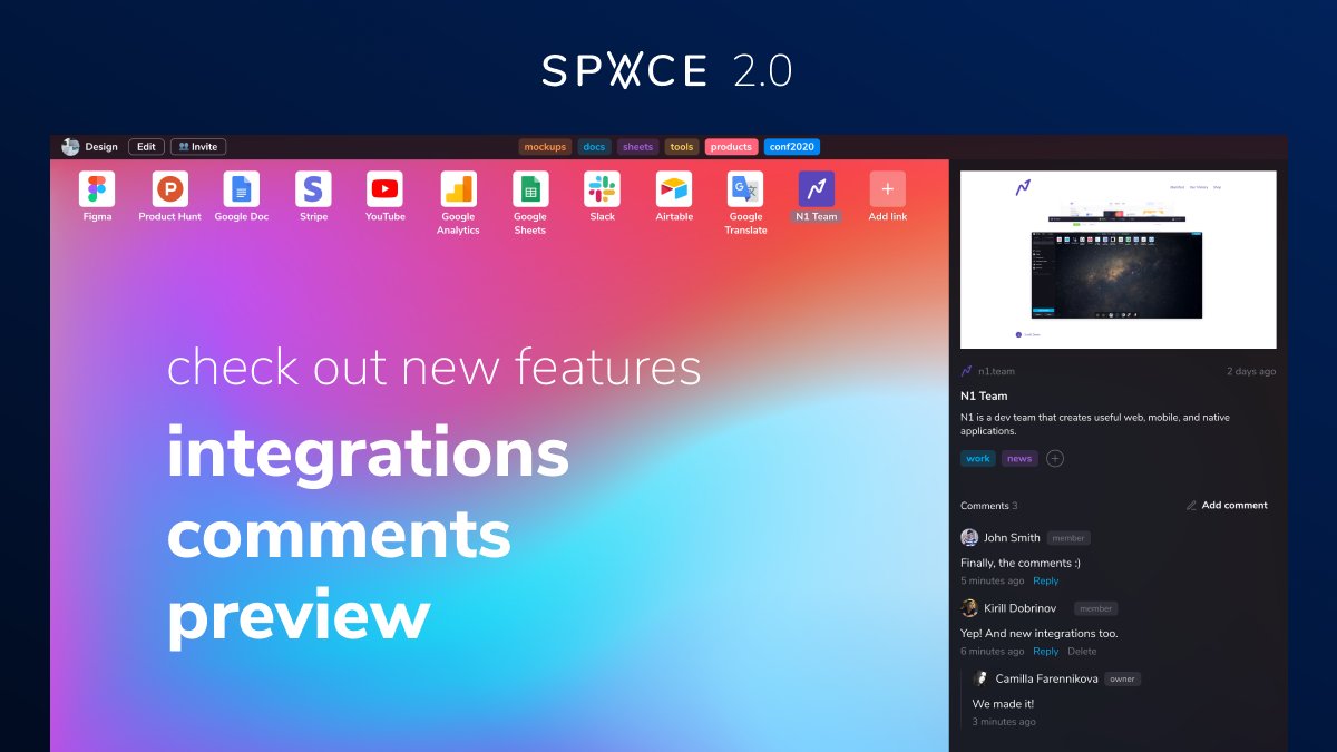 vplacenet's tweet photo. Launch of VSpace 2.0! 🎉
Two months ago we launched our MVP. 
We got tons of feedback, fixed even more bugs, tested some features, rewrote API, and created our own parser. 

What's new:
- Comments
- Link preview
- Google Docs/Sheets integration
- Slack integration (soon) https://t.co/sodFQ4mg2R