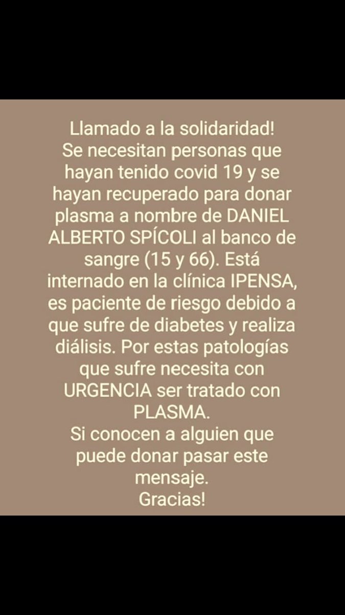 FerPalavec's tweet photo. Se necesita donación de plasma para paciente de riesgo internado con COVID en la clínica IPENSA de la ciudad de La Plata .
#IPENSA
#Covid_19 #LaPlata #DonaPlasma https://t.co/unQ1T9o97a