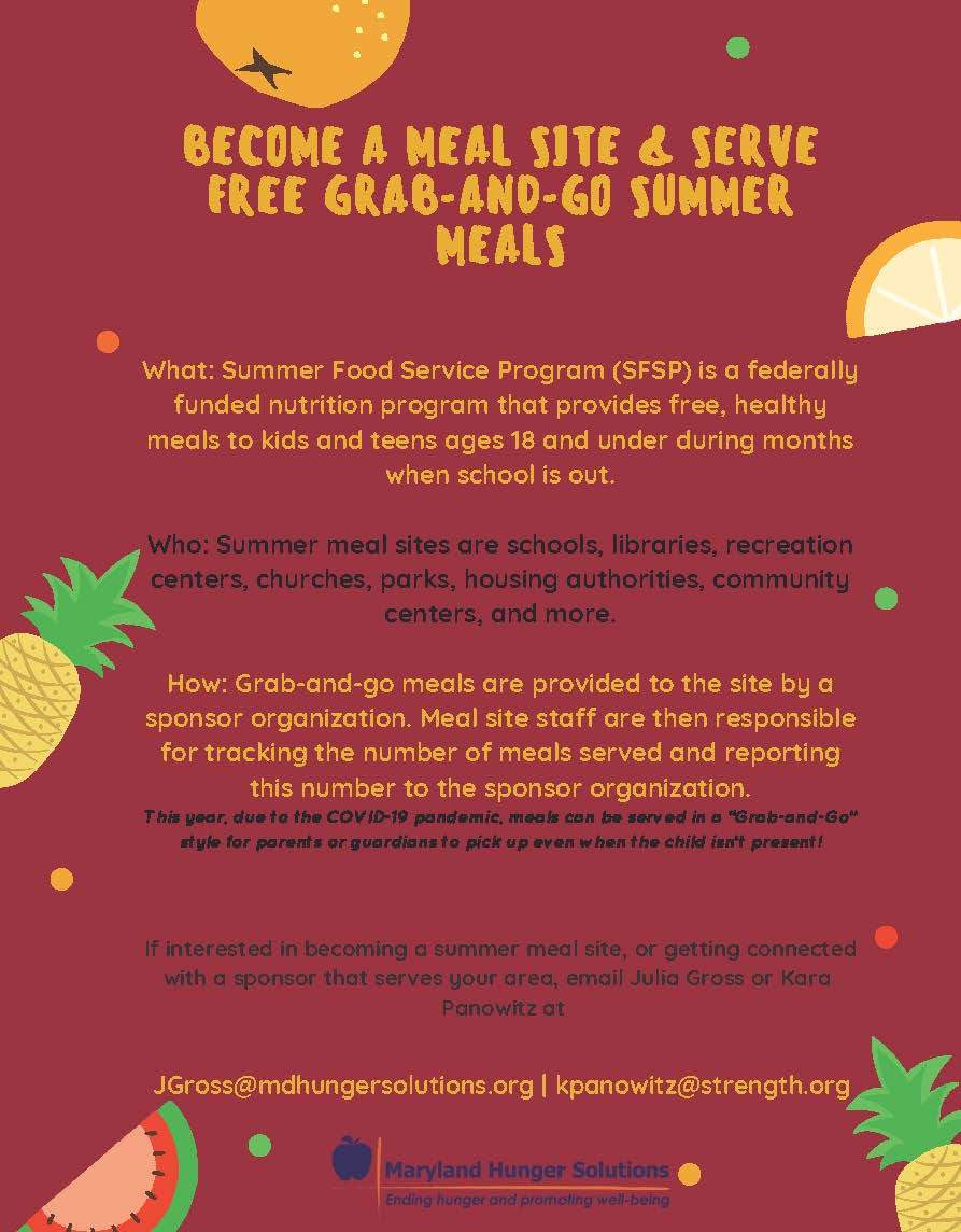 Calling all food providers! Check out how you can become a summer meal site and serve free grab-and-go meals! #summermealsmd <a href="/MarylandHunger/">MD Hunger Solutions</a> <a href="/NoKidHungryMD/">NoKidHungry Maryland</a>