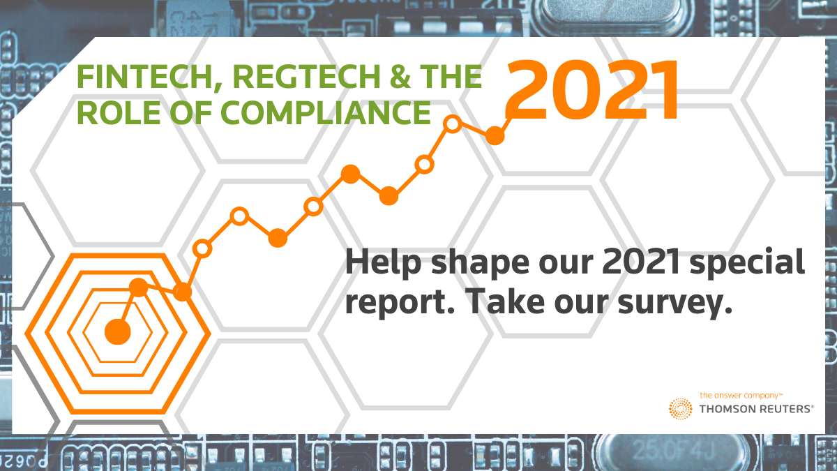 ComplianceLearn's tweet photo. Be part of the industry’s voice on how risk and compliance functions are managing the impact of technology by taking part in Thomson Reuters Regulatory Intelligence’s 5th annual survey on Fintech, Regtech and the Role of Compliance 2021. https://t.co/t7Ar2tUFXJ
#TRRI #TRRisk https://t.co/xSIa6vqKNa