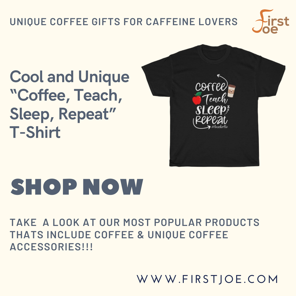 Unisex Cotton Tee - Cool &amp; Unique “Coffee, Teach, Sleep, Repeat” Design

Take a look at some of our popular novelty coffee mugs, spoon and more

Visit our Store: firstjoe.com
#coffee #lover #gifts #store #mugs #spoons #Fashion #tshirts #Tees #Coffeelovers #coffeeshirts