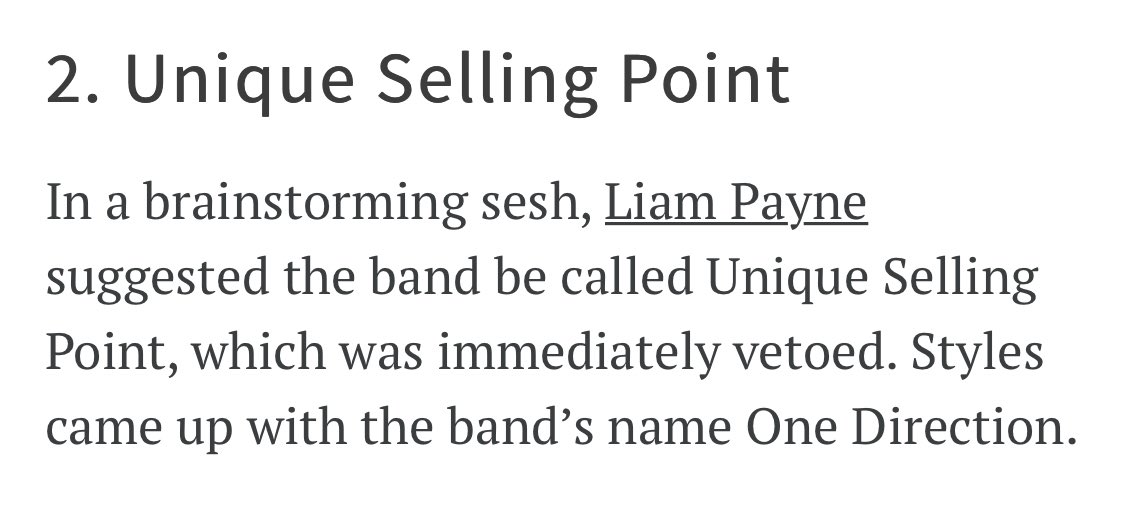 Before Harry came up with the band name, Liam wanted to name it USP (Unique Selling Point) 👀 which was the answer to the post they deleted... 

#10YearsOfOneDirection #10YearsOf1D