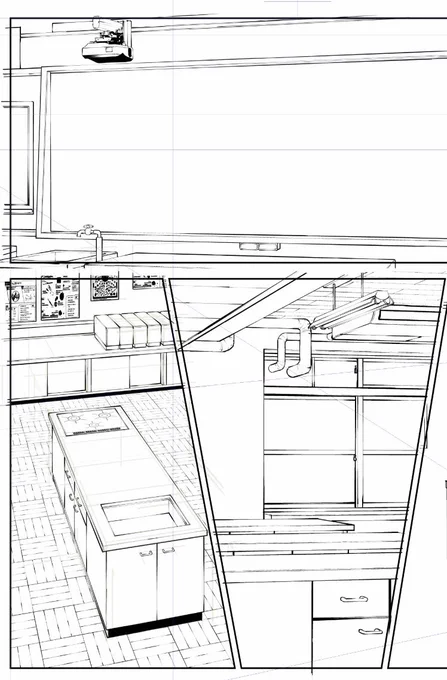 背景を描いています。
家庭科室を描くのも、これで最後かな。 