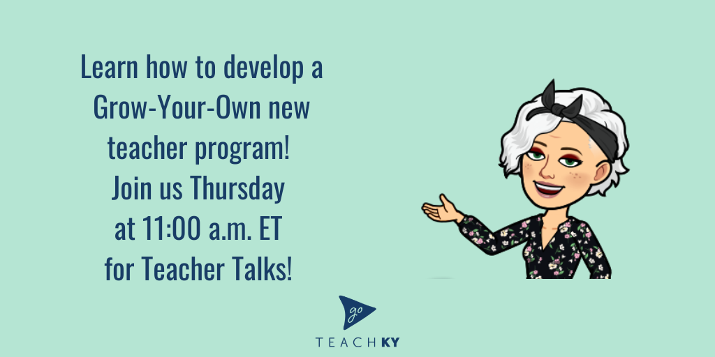 GoTeachKY's tweet photo. #GoTeachTuesday
Learn more about how you can participate in the Grow-Your-Own new teacher initiative by joining us for Teacher Talks this Thursday at 11:00 a.m Sign up at https://t.co/ZdmCGduKnN https://t.co/of5HFgUReB