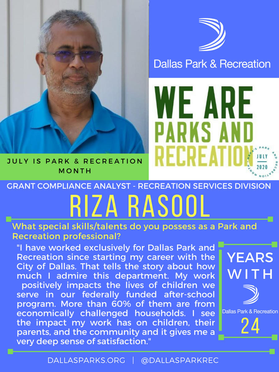 DallasParkRec's tweet photo. As Park &amp; Recreation Professionals, we provide essential services to our communities. July is Park &amp; Recreation Month &amp; we're celebrating the work of #DallasParks professionals. Meet Riza! Riza has been with #DallasParks for 20 years. #WeAreParksAndRec #ThankAParkAndRecPro https://t.co/PsTB1GGJDk