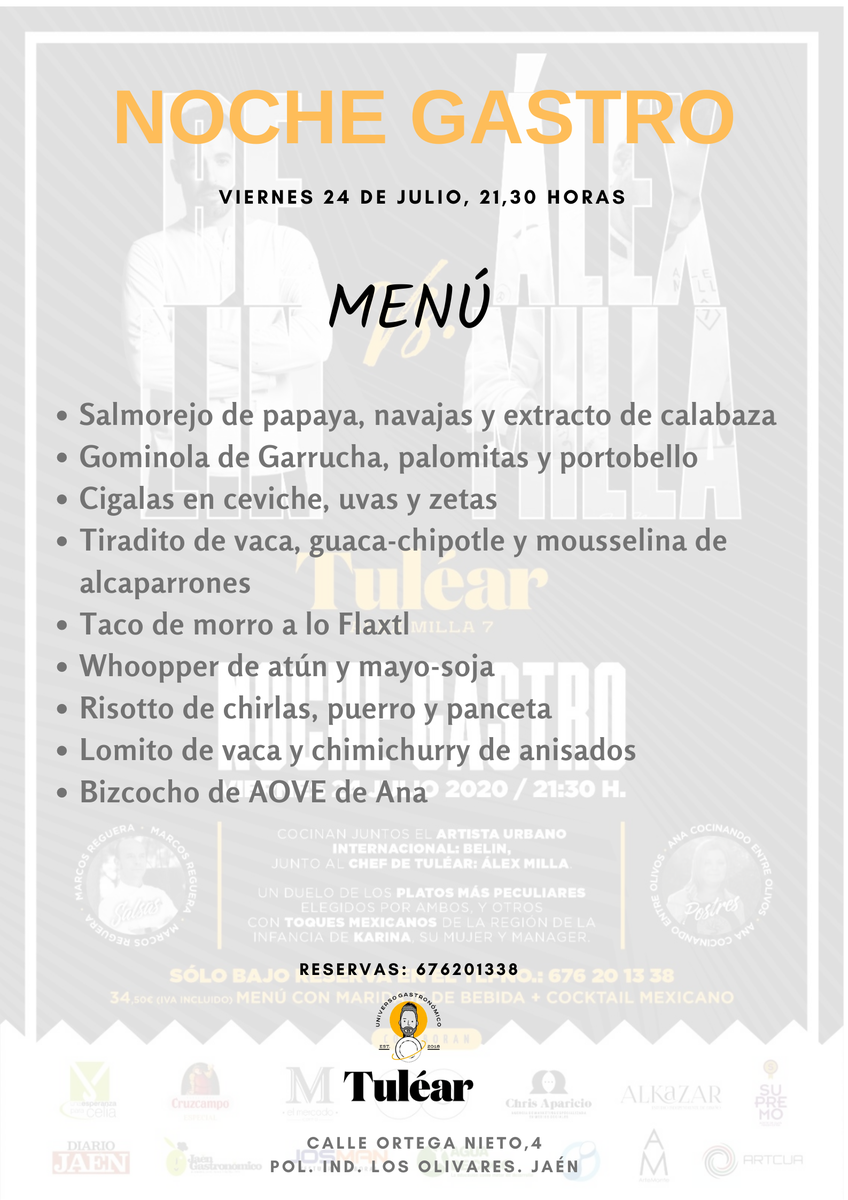 📣¡Desvelado el secreto que nos tenían guardado <a href="/Belin_one/">BELIN</a> y <a href="/alexmilla_7/">Alex Milla</a> !📣
Aquí podéis el menú que tendremos esta noche en una velada que promete ser espectacular🔝
‼️Últimas reservas disponibles‼️

📲 676 20 13 38⠀
⠀
#NocheGastro #Jaén #Gastronomía #Intensidad #Tuléar