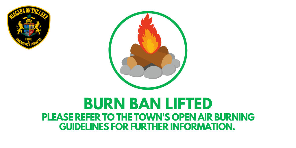 NOTLfiredept's tweet photo. Due to improved conditions, the open-air burning ban has been lifted. Controlled open-air burning for agricultural purposes may now proceed in accordance with the guidelines. @Town_of_NOTL residents are reminded that recreational fires are not permitted in #NOTL. #StaySafeNOTL https://t.co/FL7xDntGsc
