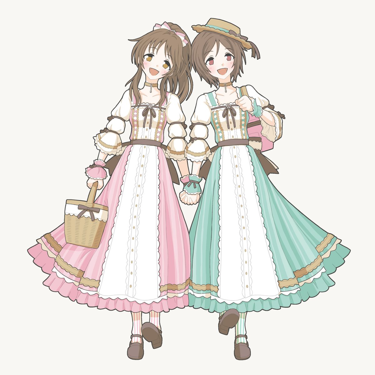 takamori aiko multiple girls 2girls basket dress brown hair holding hands hat  illustration images