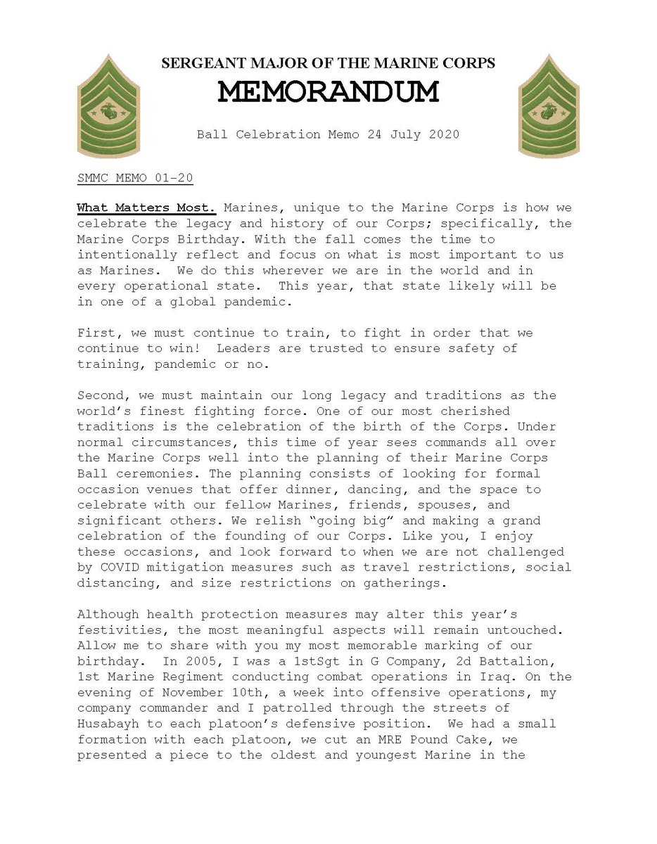 USMCSgtMaj's tweet photo. To safely, smartly, and properly honor the birth of our Corps while protecting our people is what will matter most when celebrating the Marine Corps' 245th birthday on November 10, 2020. My memo points out the required elements, all of which can be met following CDC guidelines. https://t.co/lxRGzJTsc0