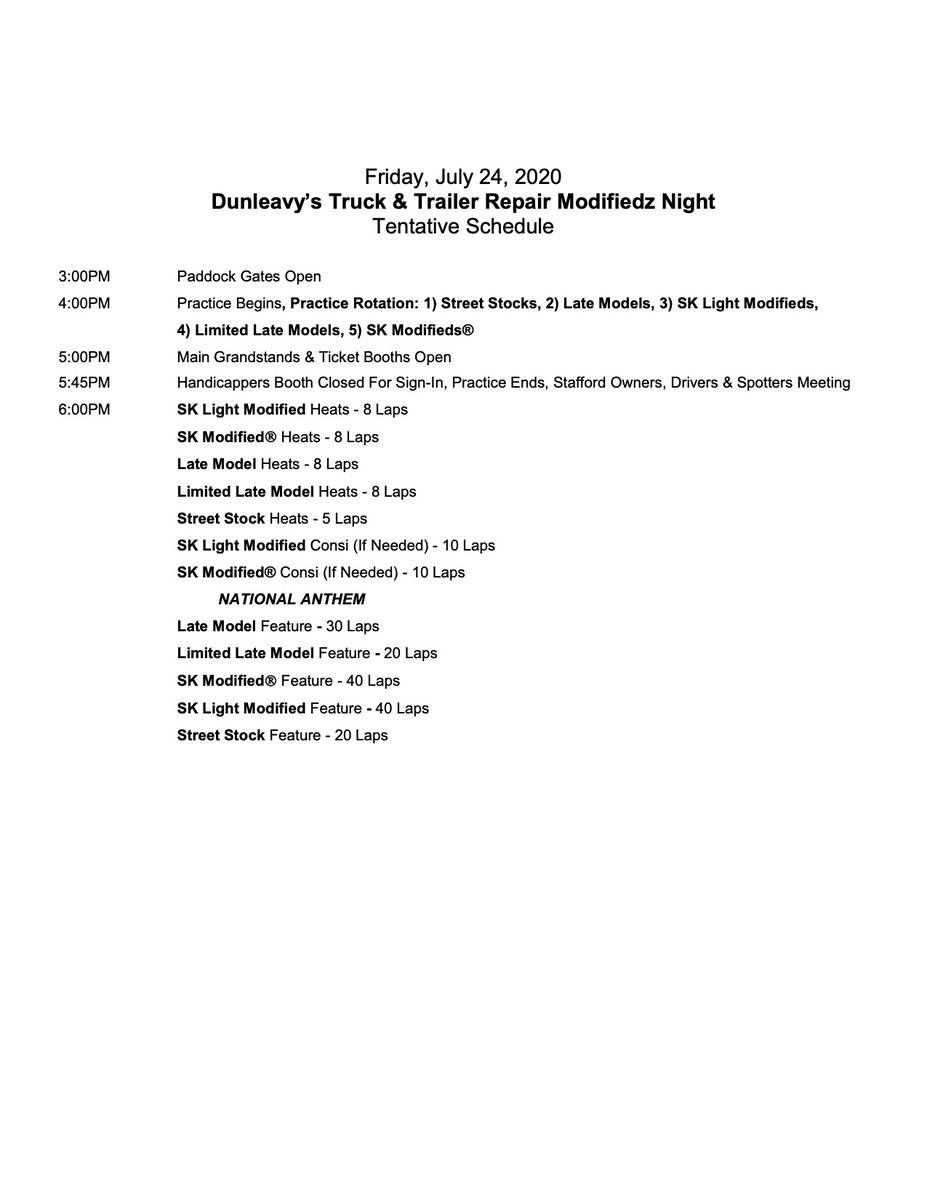 StaffordSpeedwy's tweet photo. Schedule for tonight's Dunleavy's Modifiedz Night #Schedule #Modifiedz #StaffordSpeedway https://t.co/Xzoo9kenDV