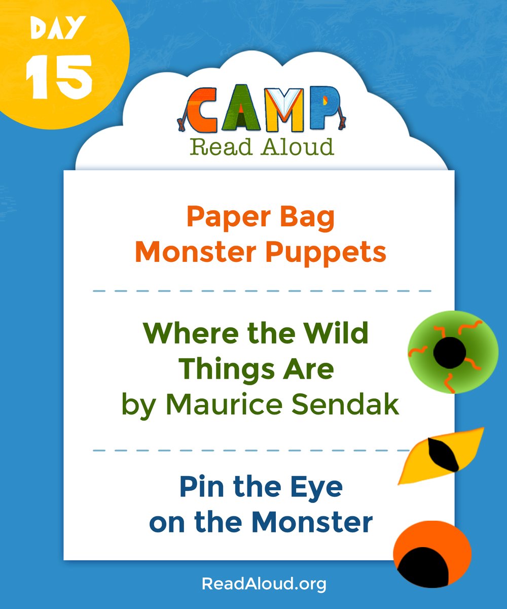 ReadAloud_org's tweet photo. For our 15th and final day of #CampReadAloud, we are going out with a growl as we celebrate monsters! Take a look at the monster-related craft, book and activity links https://t.co/wv88HAplii https://t.co/nLGMzQaypv https://t.co/uhfkVnV9Pj https://t.co/goxKPDydD8