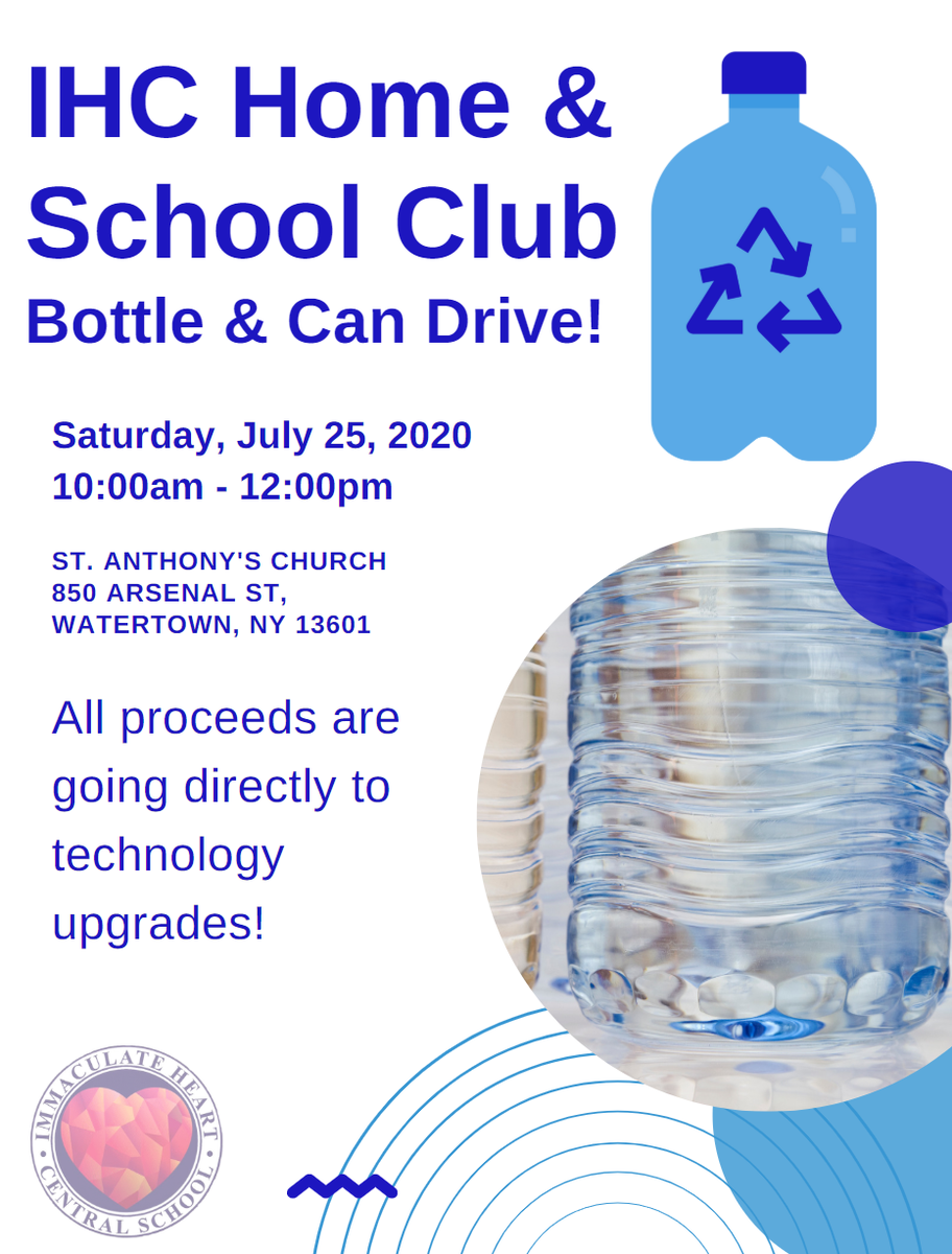 ihcschool's tweet photo. REMINDER!🎙

IHC Home &amp; School Club Bottle and Can Drive!

July 25, 2020
10am-12p
St. Anthony's Church, Watertown NY

All proceeds to benefit technology upgrades! https://t.co/9iInJN9JTg