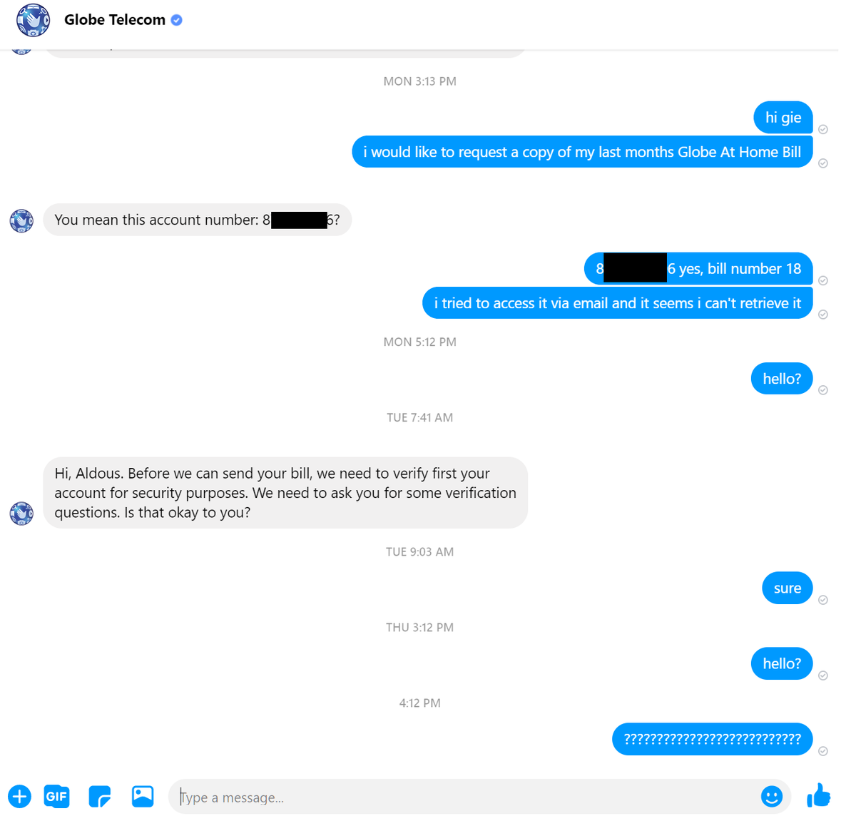 AIdous's tweet photo. @talk2GLOBE hi, please address my simple request, di nag rereply messenger nyo https://t.co/kEJLiNviGF