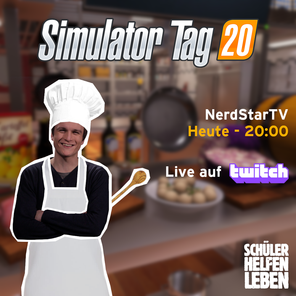 SozialerTag's tweet photo. Heute startet der #SimulatorTag 2020! Ab 20 Uhr arbeitet @DirtyDoerk von @NerdStarTv zusammen mit @CCCaspar90 in der Küche live über #Twitch. Schaltet ein und spendet für Kinder und Jugendliche in Albanien, Serbien und Jordanien! https://t.co/8Szz1bAOH0 #gemeinsamsolidarisch https://t.co/MLq4shVOpA