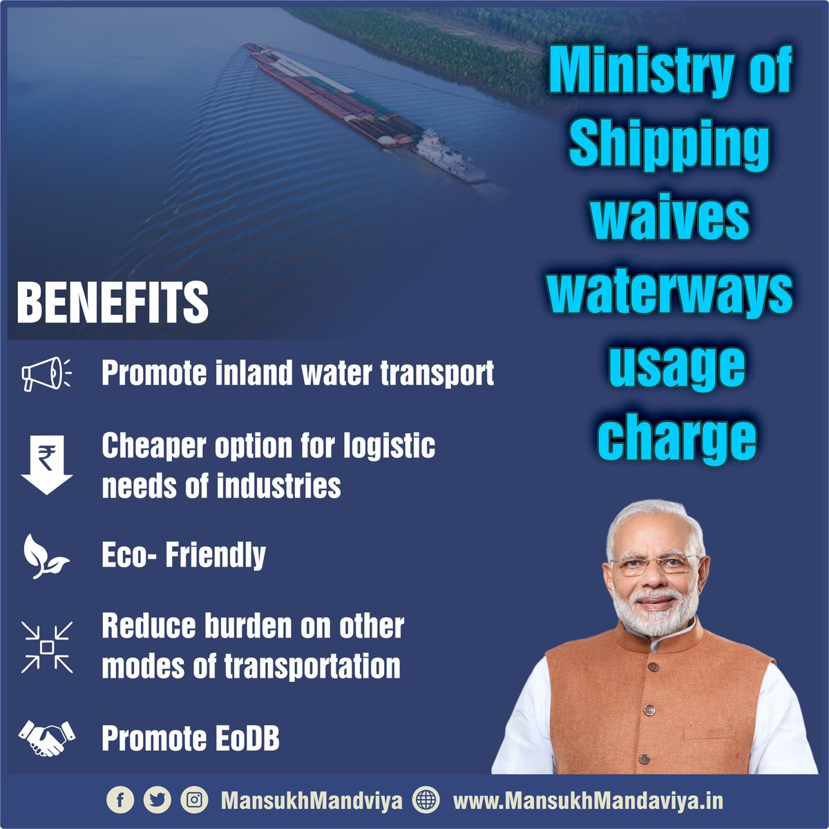 mansukhmandviya's tweet photo. Cheaper and eco-friendly transport is now a reality!

Ministry of Shipping waives water usage charges on vessels, for plying on National Waterways.

it will boost the traffic movement on waterways from current 72 MMT to 110 MMT in 2022-23

Promoting EoDB through waterways! https://t.co/3V2uGT1Yvl