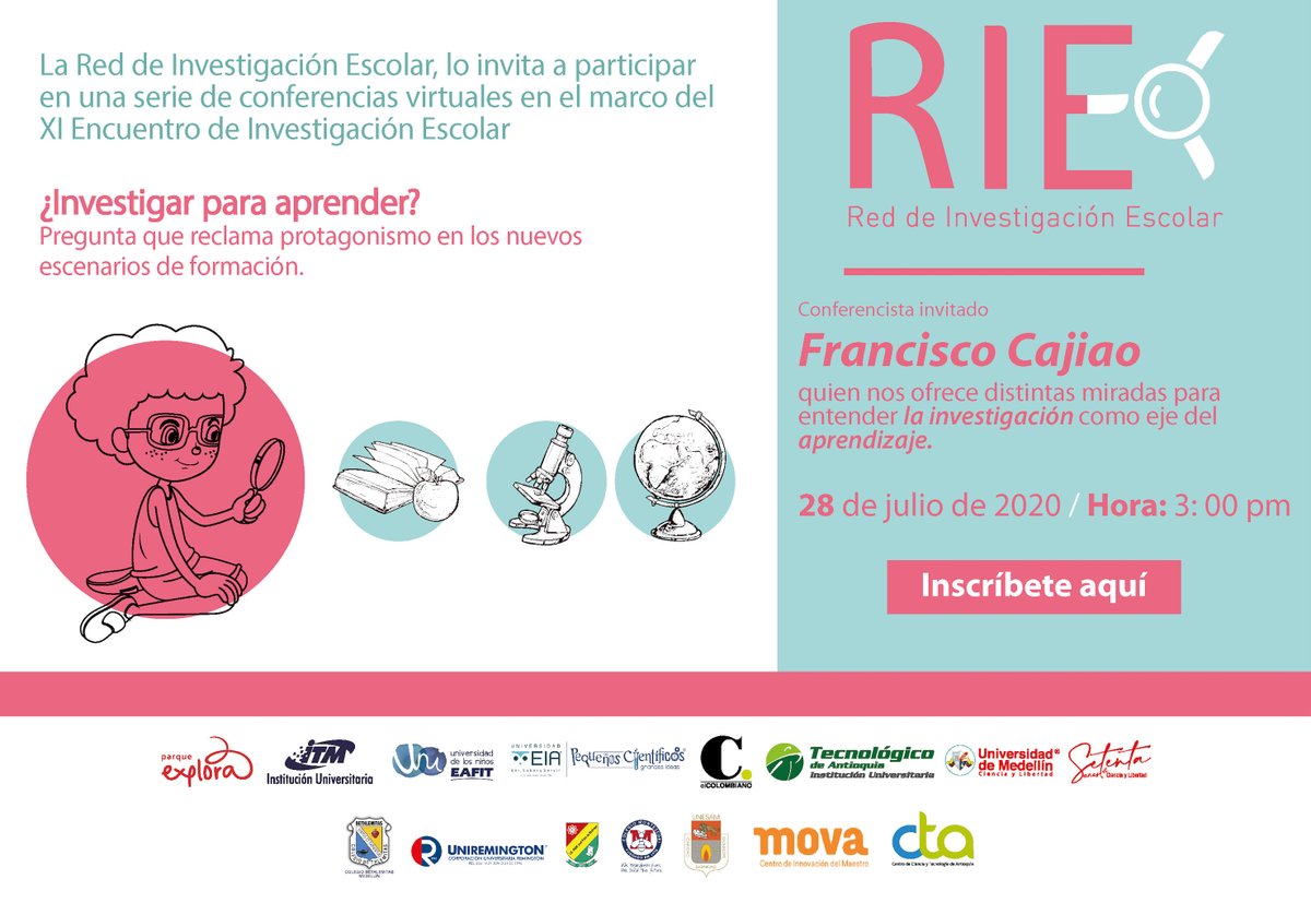 cta_co's tweet photo. La Red de Investigación Escolar- RIE, los invita a "¿Investigar para aprender?. Pregunta que reclama protagonismo en los nuevos escenarios de formación". Para participar haz clic aquí https://t.co/C8tWtMOZx4 https://t.co/UubpR4PhMS