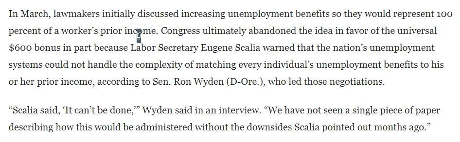 Big potential problems hereMost significant: States have had *enormous* difficulty w/ simple flat $600 bonus from fedsSen. Wyden says Trump's labor secretary has said it can't be doneThink states are struggling to disburse UI benefits now?