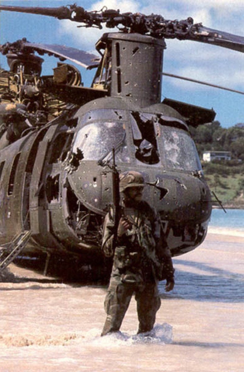 A CH-46D #SeaKnight helicopter shot down by anti-aircraft fire on Oct. 25 1983 during #OperationUrgentFury, the US invasion of #Grenada.