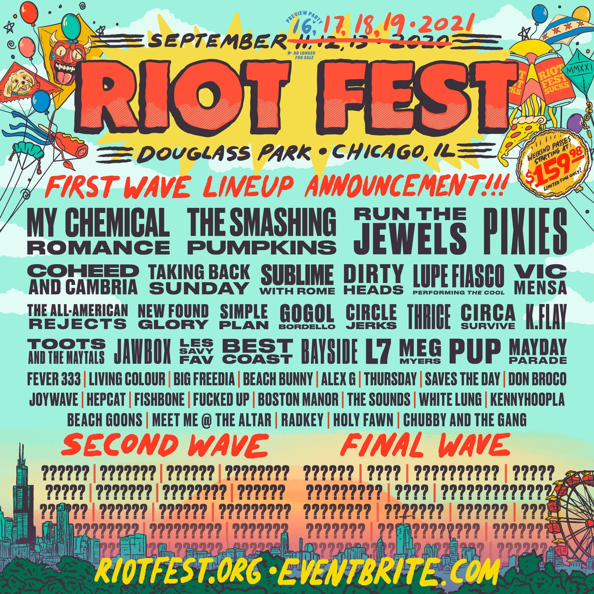 RiotFest's tweet photo. Riot Fest is moving... to September 17-19, 2021. First wave lineup is here. More bands, and headliners, and surprises still to be announced! 
Tickets are on sale now. https://t.co/UlAduEPPgG https://t.co/BV3Q4SeDui