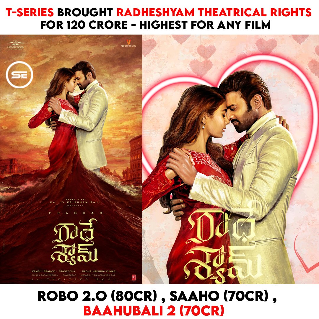 ExpressSouthern's tweet photo. T-series Brought #RadheShyam Theatrical Rights For 120 crore - Highest for any Film😎 Previous ROBO 2.O (80CR) , SAAHO (70CR) , BAAHUBALI 2 (70CR). @trendsprabhas #Prabhas #Prabhasraju #ActorPrabhas #Southernexpress https://t.co/MxKbQvCOaE