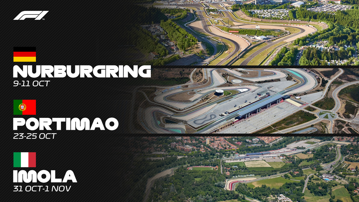 AuRupteur's tweet photo. 🚨 3 nouvelles courses officialisées pour la #F1 :
🇩🇪 Nurb du 9 au 11 octobre
🇵🇹 Portimao du 23 au 25 octobre
🇮🇹 Imola du 31 octobre au 1e novembre (week-end court) https://t.co/CT7LQjaeZj